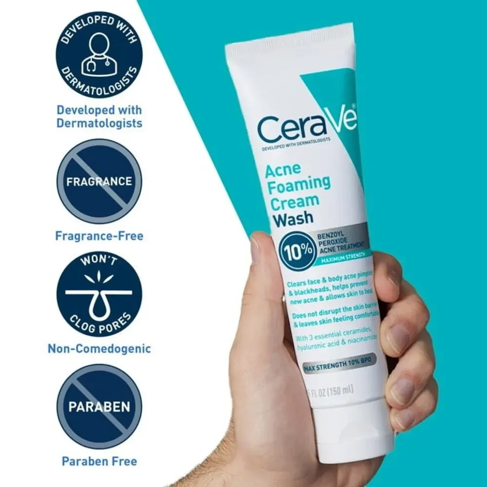 NEW Cerave Acne Foaming Cream Wash 10 Benzoyl Peroxide Max Strength Face Cleaner